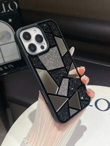 1pc Black Geometric Colorblock Rhinestone Phone Case Compatible With IPhone 15 Pro Max - Black - View 2