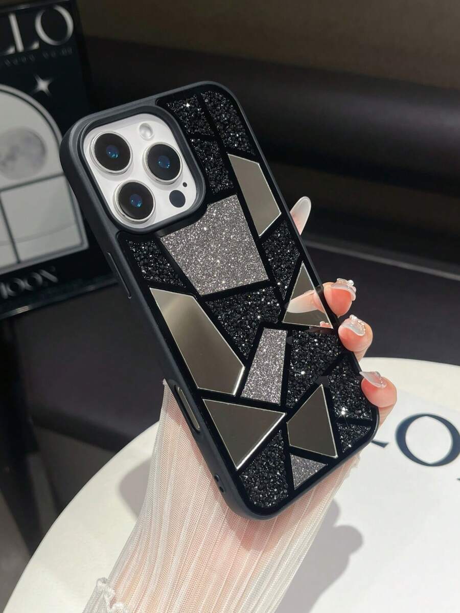 1pc Black Geometric Colorblock Rhinestone Phone Case Compatible With IPhone 15 Pro Max