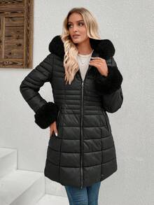 Giolshon Women's Quilted Jacket With Faux Fur Collar, Warm Down Coat For Autumn/Winter - Black - View 6