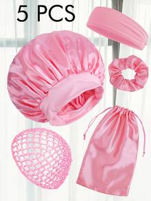 5pcs Satin Hair Caps For Women | Wide-Brim Sleep Caps With Soft Hair Scrunchies, Soft & Fragrance-Free, Protect Curly Hair, Polyester Elastic Headband Satin Hair Nets, Breathable Mesh - Multicolor - View 7