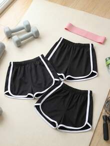 少女弹力腰带撞色系带短裤三件套(YY1146) - 黑色 - 查看 8