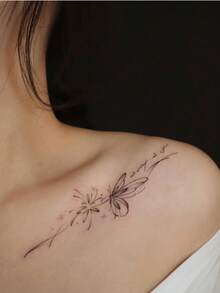 1张追逐蝴蝶图案临时纹身贴纸，时尚防水可移除纹身贴纸，男女通用 - 黑色 - 查看 4