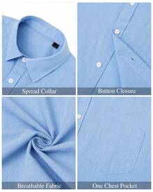 Men's Cotton And Linen Button Up Shirt Men Short Sleeve Button Down Casual Vacation Beach Summer Tops - 淺藍色 - 查看 5