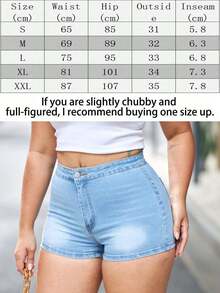 Sexy High-Waist Stretch Denim Shorts – Casual Chic Slim Fit Hotpants Pocket Casual And Simple Daily Wear, Stretch Cotton Fabric, Soft And Comfortable,Suggest Taking A Bigger Size. - 淺色水洗藍 - 查看 6