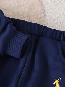 2 件套女婴休闲纯色拼布圆领长袖上衣（带口袋）和裤子套装，春秋 - 寶藍色 - 查看 8