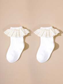 3双女童白色亚麻蕾丝边袜子，西班牙风格甜美淑女舞蹈袜，婴儿袜 - 白色 - 查看 6