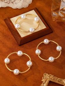 Bộ 3 vòng tay cổ điển dày dặn bằng vàng/bạc/ngọc trai, phong cách Châu Âu và Mỹ, thích hợp cho nữ giới đi biển, hẹn hò, chụp ảnh thời trang, trang trí ngày lễ, quà tặng trang sức quyến rũ. - Bộ 3 món - Xem 5
