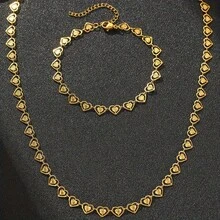 Ensemble de bijoux en acier inoxydable avec pendentif et bracelet en forme de cœur creux. Accessoires de mode simples et élégants pour femmes - Bijoux ajourés en forme de cœur - Voir 4