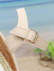 1 Pair Girls' Summer Casual Sandals, Comfortable Platform Wedge Heel, Chinese Knot Design, Open Toe, Versatile Buckle Closure Thick Sole Sandals - Apricot - View 8