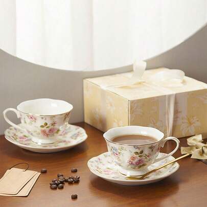 1 pieza Taza de café de cerámica con estampado floral, taza de leche de pareja de moda, taza de desayuno de alta calidad, apta para café, leche, cacao, latte de canela, regalo creativo para fiestas, Navidad y cumpleaños