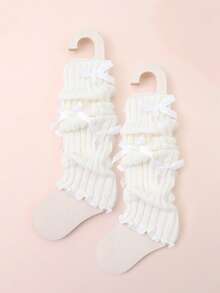 2双装女童时尚百搭荷叶边护腿套，纯色针织竖条纹保暖护腿套，带蝴蝶结装饰，适合秋冬季穿着 - 彩色 - 查看 6