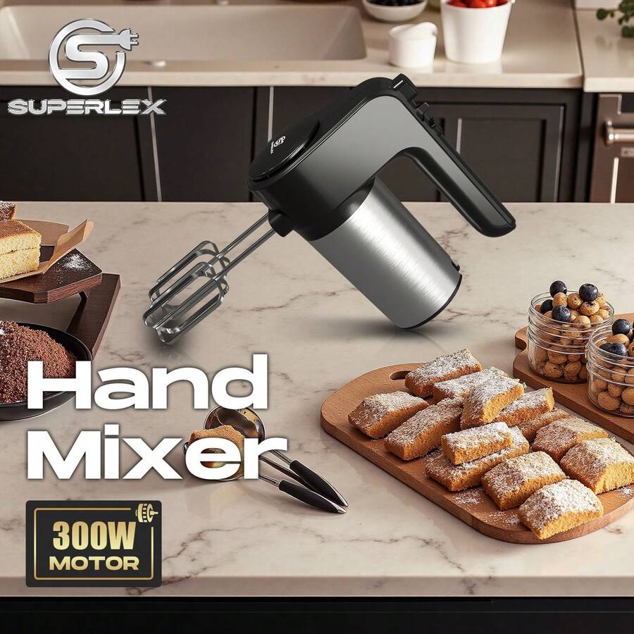 SUPERLEX 2-In-1 Electric Mixer, 5-Speed Stainless Steel Hand Blender With Stainless Steel Mixing Stick And Dough Hook For Whipping Cream, Stirring Dough, Kneading Dough, Kitchen Mixer In Turbo Mode For Salads, Juices, Portable Milk Frother For Coffee, Milk, Latte Macchiato, Suitable For Mixing Smoothies And Soups