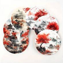 4 piezas/6 piezas/300 piezas Posavasos de barro de diatomeas con diseño de pintura de paisaje, adecuados para decoración del hogar, cafeterías, meriendas, decoración de restaurantes, fiestas temáticas, decoración diaria y también pueden ser regalos