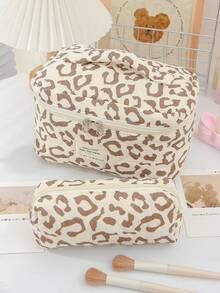 1pc Quilted Leopard Print Design Cosmetic Bag, Vintage Leopard Print Design Cosmetic Bag Makeup Bag Make Up Bag Makeup Pouch Toiletry Bag Wash Bag Travel Essential Cruise Essential Vacation Essentials For Men Women Travel Containers Holiday Essential Gifts For Women - Brown - View 14