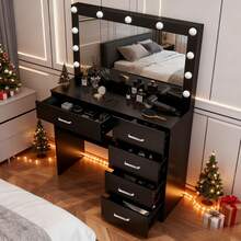 Dressing Table With LED Mirror, Solid Wood Vanity Desk - Modern Rustic Style, Wooden Build, Touch-Control Dimmable LED Lights, Ample Organizer With Multi-Compartment Design For Cosmetics, Skincare & Accessories | Perfect For Bedroom, Dressing Room, Rental Unit | Minimalist Rustic Aesthetic, Chic Home Decor, Top Gift For Women, Bridal Shower Present, Birthday Gift - Black - View 3