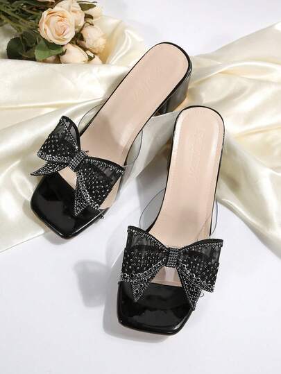 Bowknot Transparent Shiny High Heel Sandals, Casual Mid-Low Block Heel Backless Slip-On Heeled Sandals, Fashion Design, Summer Outdoor Wear, Thick Heel Mid Heel Open Toe Strap Sandals, Simple Design New Thick Bottom Increased Height Slimming Casual Slip-On Sandals, Versatile Holiday Party Slip-On Comfortable Increased Height Mid-Low Heel Sandals, Faux Leather Solid Color Beach British Style Mules, Plus Size Women Sandals