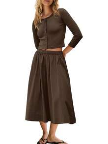 Women's 2 Piece Lounge Set Matching Outfit Vacation Ribbed Button Down Cardigan Elastic Waist Skirt Set - Cà phê nâu - Xem 2