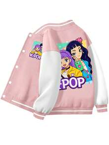 1 Piece  Cartoon Print Girls Baseball Jacket Winter Outerwear Street Style Casual School  Fashion - Baby Pink - View 1