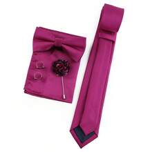 ZONFAZ 5pcs/Set Men's Business Classic Solid Color Necktie + Bow Tie + Pocket Square + Cufflinks + Lapel Pin Suit Accessory Set, Suitable For Weddings, Formal Events And Daily Suit Wear - Rose Red - View 5