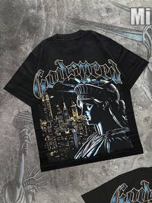 Godspeed With Statue Of Liberty And Cityscape Graphic Tee (220g Cotton T-Shirt) Printed T-Shirt, Graphic Tee, Unisex T-Shirt, Casual And Comfortable, Men's Cotton T-Shirt. Interesting Pattern T-Shirts, Street Life, Home Leisure, Friends Gathering,Graphic Tees Men - 黑色 - 查看 2