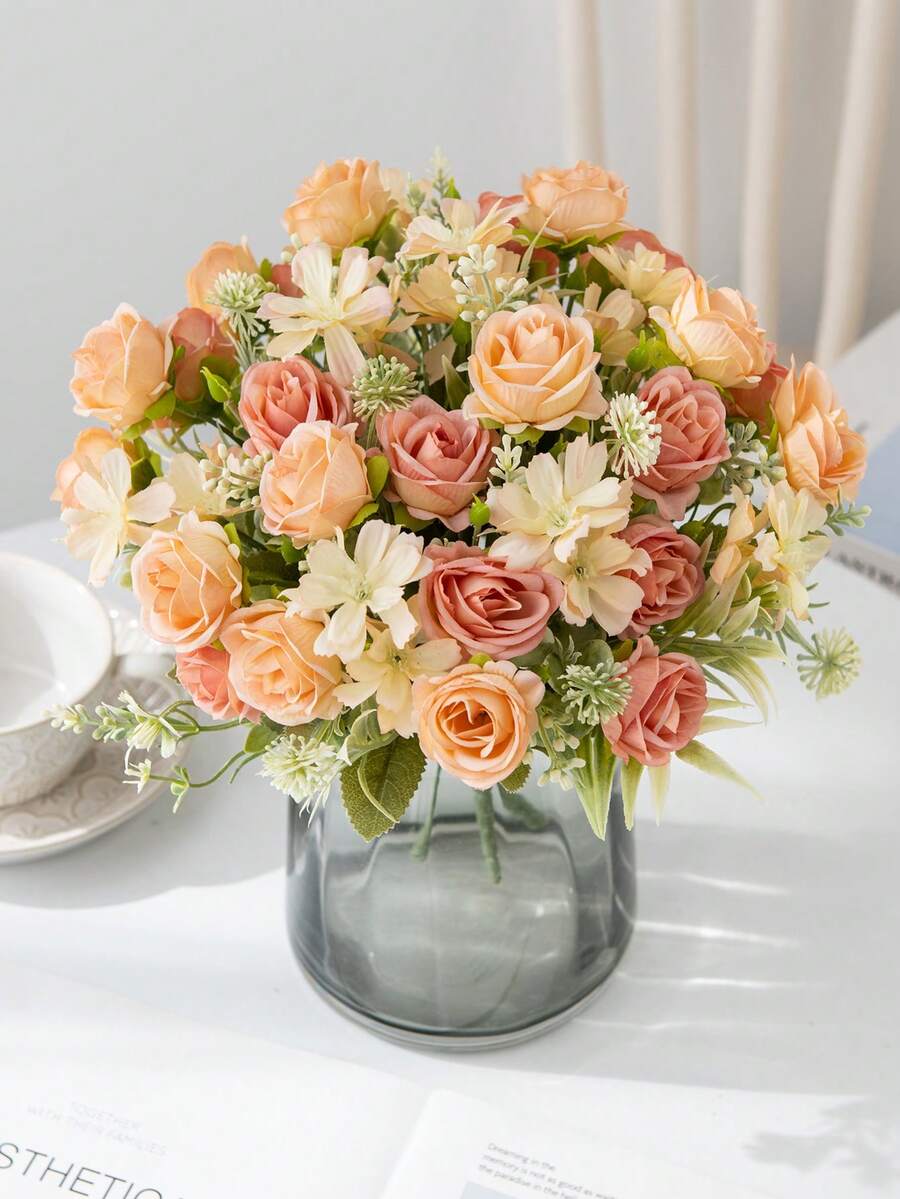1/3/80pcs Artificial Rose Pompon Wreath Set, Suitable For Wedding, Home, Room, Dining Table, Holiday Decor, Bridal Bouquet, Outdoor Garden DIY Gift, Silk Rose, Wedding Decor, Valentine's Day Gift, Lohri Decor - Champagne - View 1