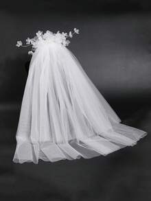 1pc Lightweight Long White Wedding Veil, Decorated With Pearl Strings, Floral Accent On Top, Simple Yet Elegant Design With Ethereal And Graceful Aesthetic, Layered Pearl Embellishment - 8108 - View 4