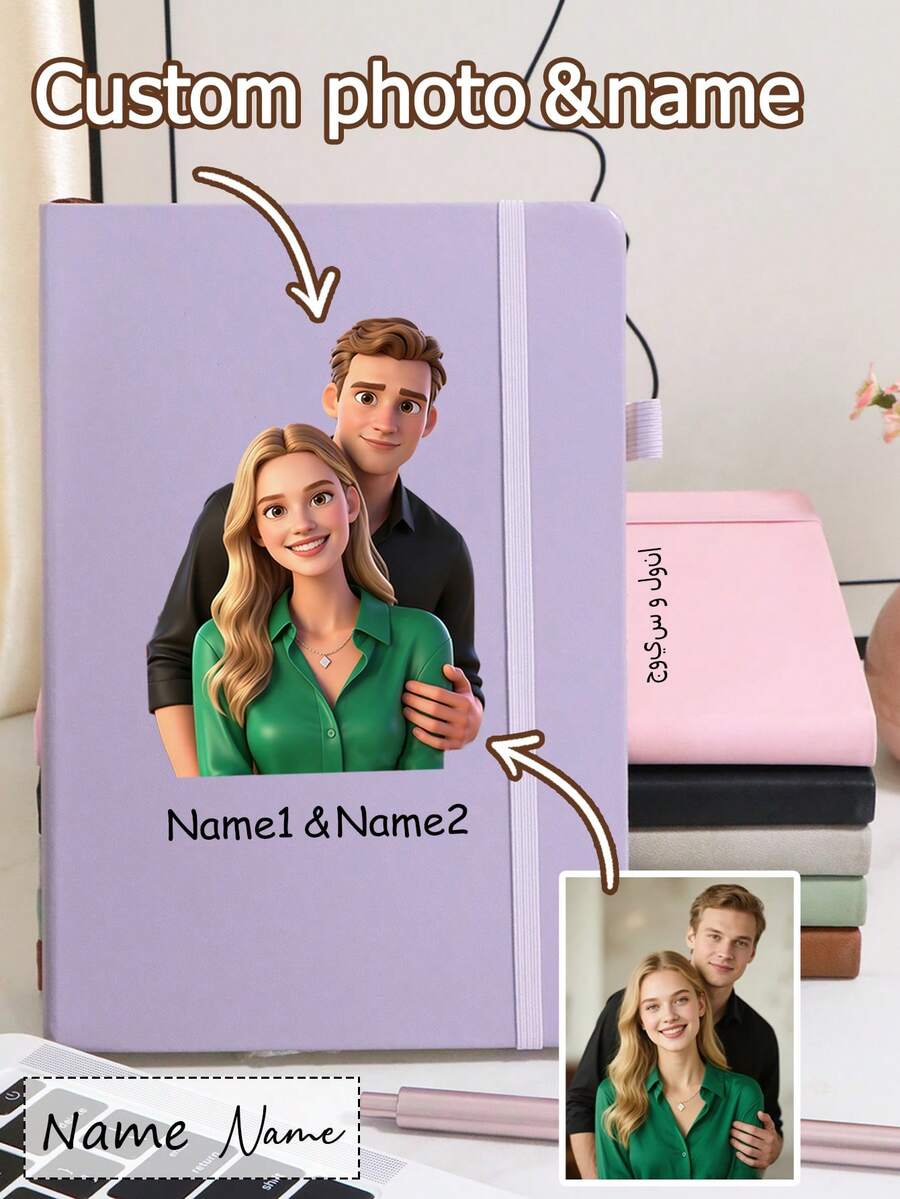 200 Pages-Custom Journal With Couple Photos, Personalized Name Notebook, Customized Journal For Women, Customizable Pictures Notebooks For School, Cartoon Photos, Notebooks For Work With Rope, Cartoon Photos, Valentine'S Day, Birthday Gifts, Student, Couples, Teacher, Business, Worker, Office