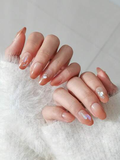 24片椭圆形极简美甲贴片，甜美渐变橙色法式美甲，饰有贝壳全息水钻，适合秋冬季节、约会、送礼、情人节、办公场合，包含1片果冻胶和1个指甲锉。