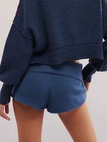 Women Y2k Fold Over Knitted Beach Shorts Casual Loose Fit Tie Front Folded Waistband Sweater Shorts Soft Lounge Shorts - Màu xanh lam - Xem 2