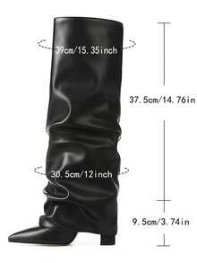Women Shark Boots Knee High Fold Over Ruched Slouchy Chunky High Heel Pointed Toe Sexy Party Club Office Lady Winter Shoes - 黑色PU - 查看 10