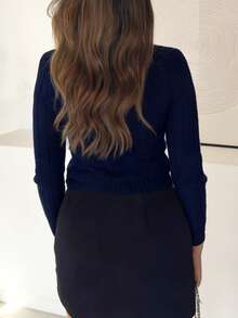 Y2K Style Women's Casual Soft V-Neck Long Sleeve Fitted Cropped Textured Knit Pullover Sweater, Basic, Autumn/Winter - Navy Blue - View 4