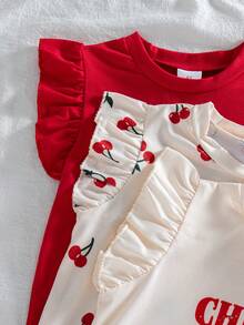 3件套女童休闲外出时尚樱桃字母印花圆领无袖上衣，夏季 - 彩色 - 查看 4