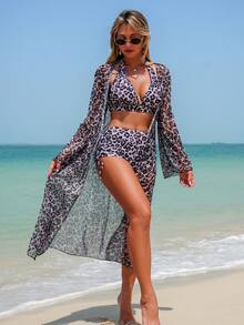 European And American Fashion 3 PiecesBikini Set, Full Body Leopard Print Bohemian Tie-Front Backless Beach Vacation Swimsuit - Grey - View 2