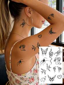 CAT QUEEN ART 6片/1张半永久纹身贴纸，天然植物成分，Y2K元素蝴蝶、精灵蛇、燕子、花朵、星月图案，临时假纹身贴纸，适合DIY嘉年华、情人节、派对礼物，可贴于手腕、脚踝、肩膀、脖子、锁骨等部位，可维持1-2周，不褪色、不反光、防水，逼真纹身贴纸。 - 藍色 - 查看 3