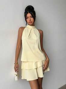 女士浅黄色无袖衬衫，立领蘑菇扣设计，百搭、优雅、时尚、休闲，适合日常穿着和度假，春夏皆宜。 - 淡黃色 - 查看 5