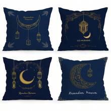 Juego de 4 fundas de almohada de Ramadán azul de 18 x 18 pulgadas decoración de Ramadán linternas luna creciente fundas de almohada para el hogar sofá decoración de primavera y día-010 - Linterna azul de Ramadán Luna - Ver 6