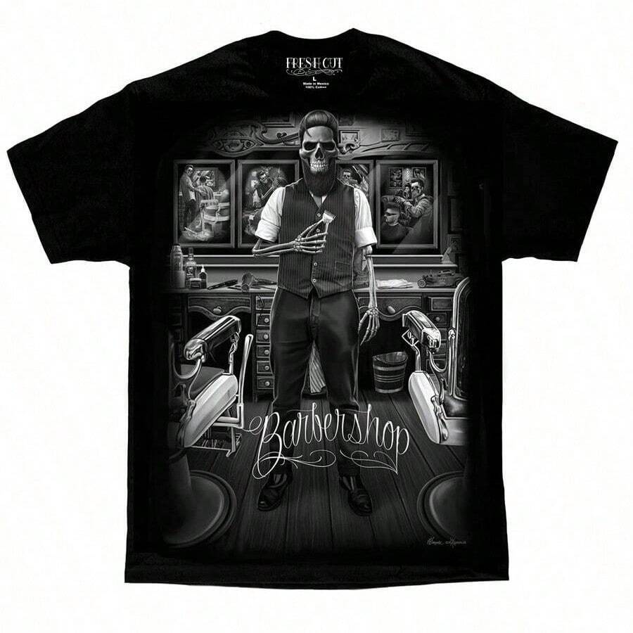 DGA David Gonzales Art Fresh Cut Barber Shop Hair Skull Rockabilly Biker T Shirt - màu đen - Xem 1