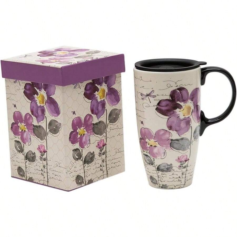 A Ting Tall Ceramic Travel Mug 17 oz. Sealed Lid With Gift Box Purple Flower (purple flower) - Flor morada - Ver 1
