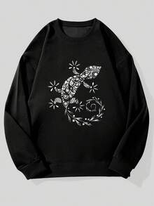 Men's Casual Crew Neck Sweatshirt With Geometric Gecko Pattern - Black - View 6