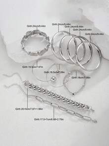 10件套夸张简约休闲复古硬币风格链条爱心叠戴手链及手镯套装，女士日常佩戴，生日/新年/情人节礼物 - 銀色 - 查看 8