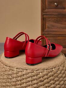 MonaNise Women's 3cm Cloth Covered Heel Black Fashion Versatile Navy Blue, Coffee, Burgundy Low Chunky Heel Elegant Mary Jane Shoes - Red - View 6