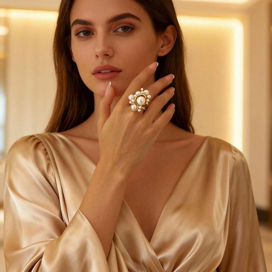 1 pieza Anillo con diseño de perla geométrica delicada, versátil para boda, fiesta y uso diario - Multicolor - Ver 1