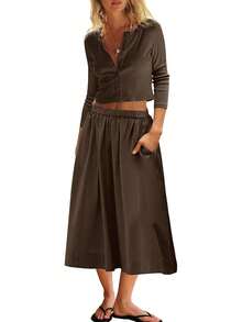 Women's 2 Piece Lounge Set Matching Outfit Vacation Ribbed Button Down Cardigan Elastic Waist Skirt Set - Cà phê nâu - Xem 6