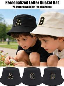 1 pieza Sombrero de cubo tricolor para niños + 26 piezas de parches bordados autoadhesivos, sombrero de sol de algodón transpirable, gorra ajustable para exteriores, decoración de letras DIY, sombrero de moda casual, adecuado para primavera/verano unisex para niños - Negro (letras) - Ver 2