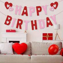 Valentine's Day Decorative Birthday Banner, Glitter Happy Birthday Banner Heart Shaped Birthday Hanging Banner Valentine's Day Themed Decoration, Valentine's Day Heart Wreath Home Birthday Party Supplies