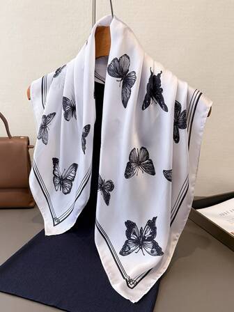 1 Pc Fashion Simple Solid Color Butterfly Element Imitation Silk 68cm Scarf Women Hair Kerchief Handbag Neck Tie Foulard Hijab Bandana Suitable For Beach, Street, Daily, Vacation, Business, Fashionable Handbag Decoration Bag Ribbon Bohemian Style.