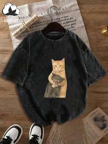 Camiseta de manga corta casual con estampado de gato para mujer, adecuada para el Día de San Valentín, vacaciones, uso en verano, color negro - Negro - Ver 2