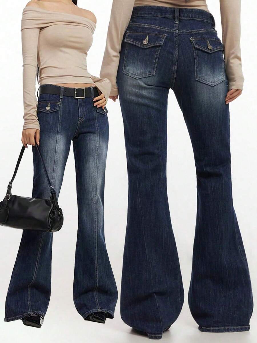 Women Baggy Bell Bottom Jeans Y2K,Flare Jeans Mid-Low Rise, Bootcut Flared Wide Leg Stretchy Loose Denim Pants - 深藍色 - 查看 1