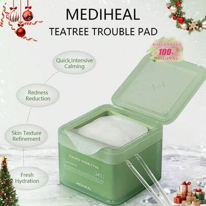 Mediheal 100片/170毫升/5.74液盎司 茶树舒缓化妆棉，轻薄透明，乳白色，绗缝棉，保湿，弹性层，10秒快速吸收，零残留，卫生密封包装，晒后护理，健身包必备，妆前乳，睡眠眼罩替代品，韩国化妆品