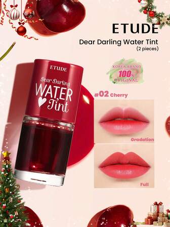 ETUDE 2pcs Dear Darling Lip Gloss, 02 Cherry Color, Vivid & Bright Color, Infused With Moisturizing Pomegranate & Grapefruit Extracts, Nourishing Lips, Korean Makeup, K-Beauty, 9g/0.31oz*2